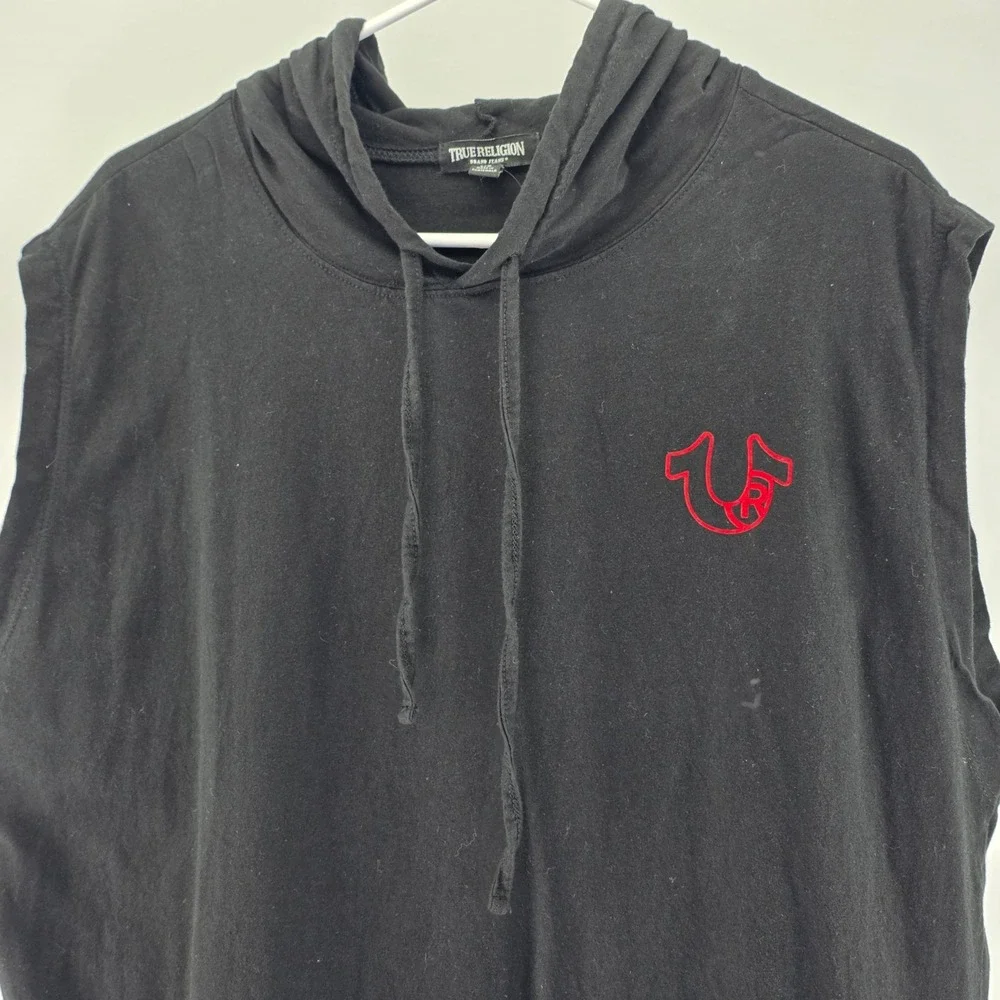 True Religion Sleeveless Hoodie Mens Large Black Graphic Buddha Horseshoe Logo